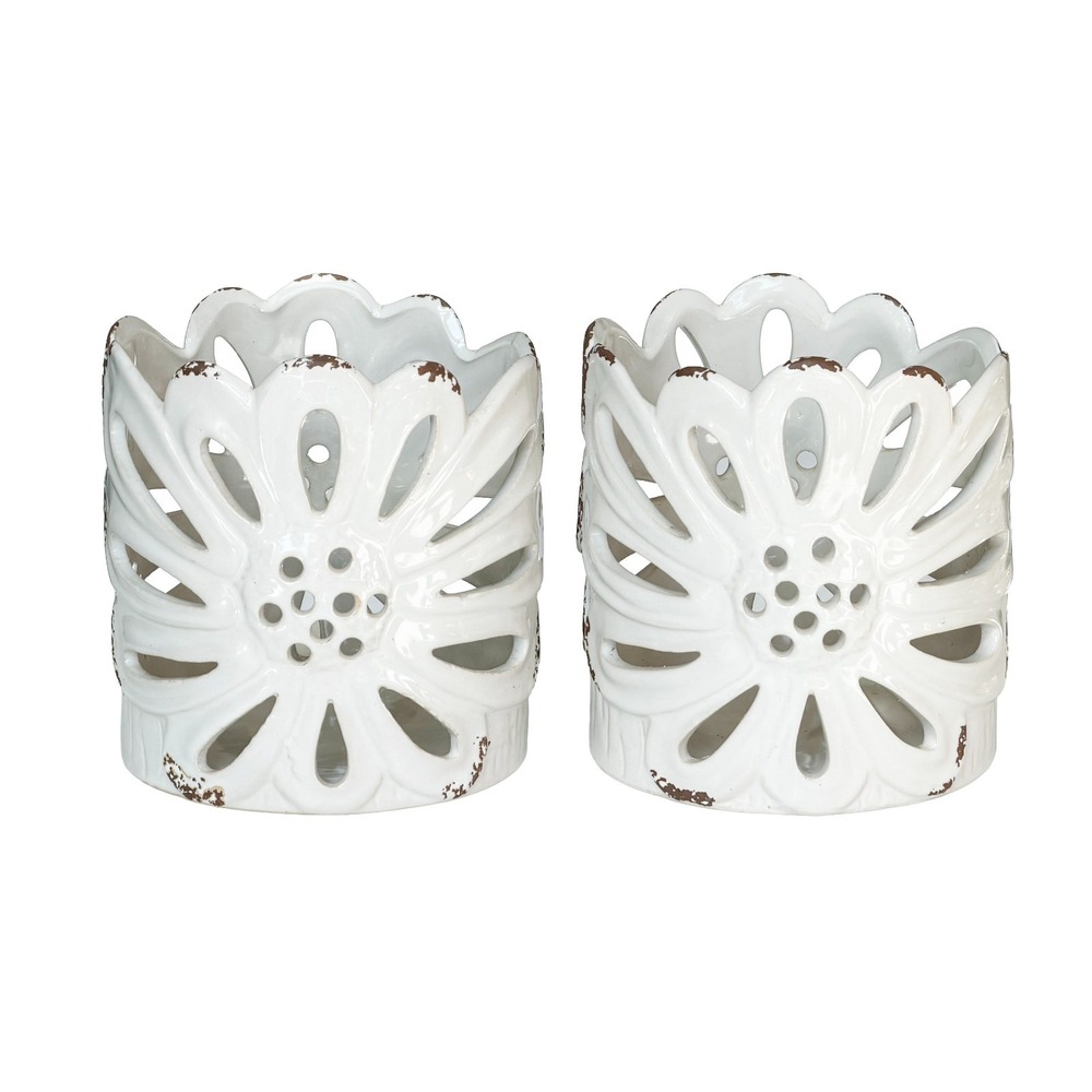 Sunflower Daisy Planter Cut Out Petals Distressed White Glaze Vintage Style Set2